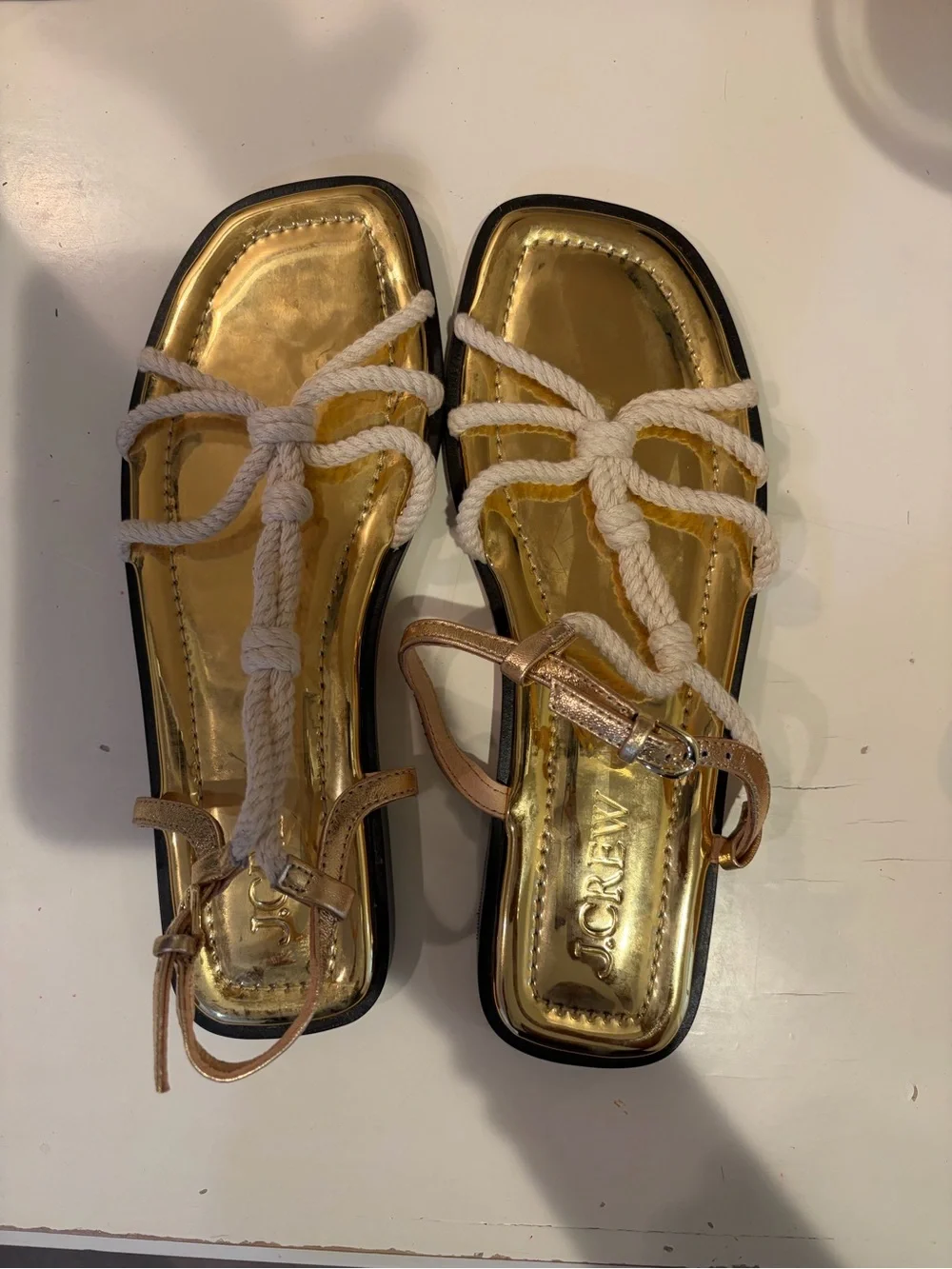 J. Crew Gold Metallic Footbed White Rope T-Strap Sandals